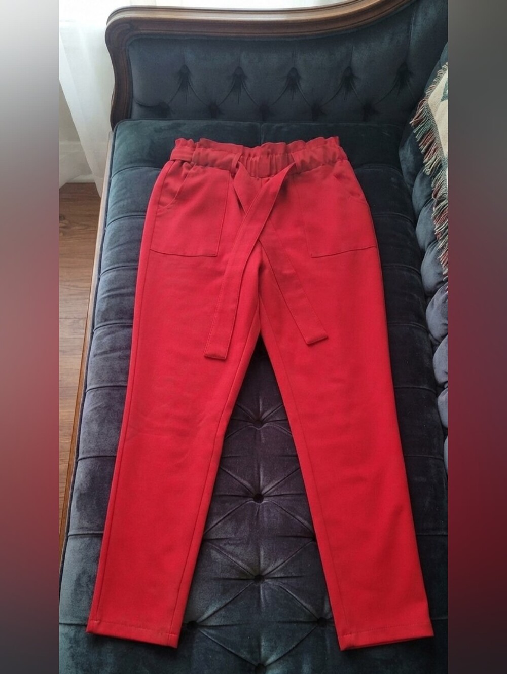 Red High-Waist Tie-Belt Women’s Pants